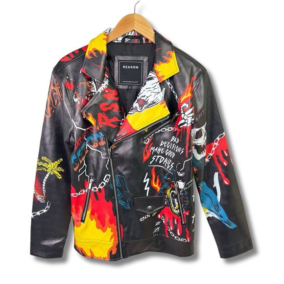 Reason Graffiti Print Moto Jacket Men’s Small Vegan Leather Streetwear Statement - Picture 2 of 14